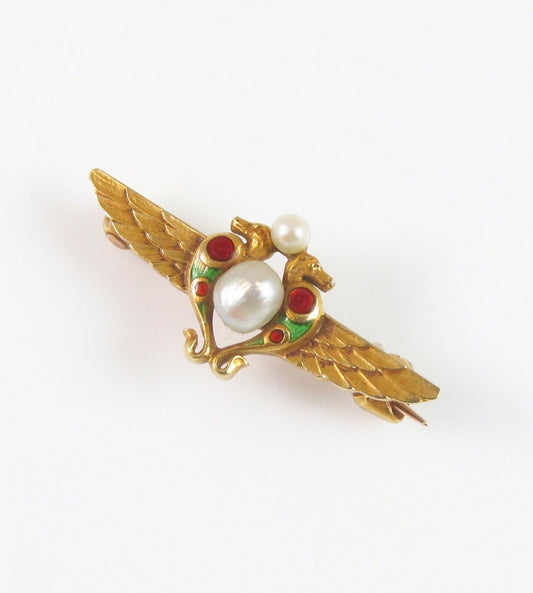 Antique 14k Gold Whiteside & Blank Enamel Egyptian Revival Serpents Brooch Pin