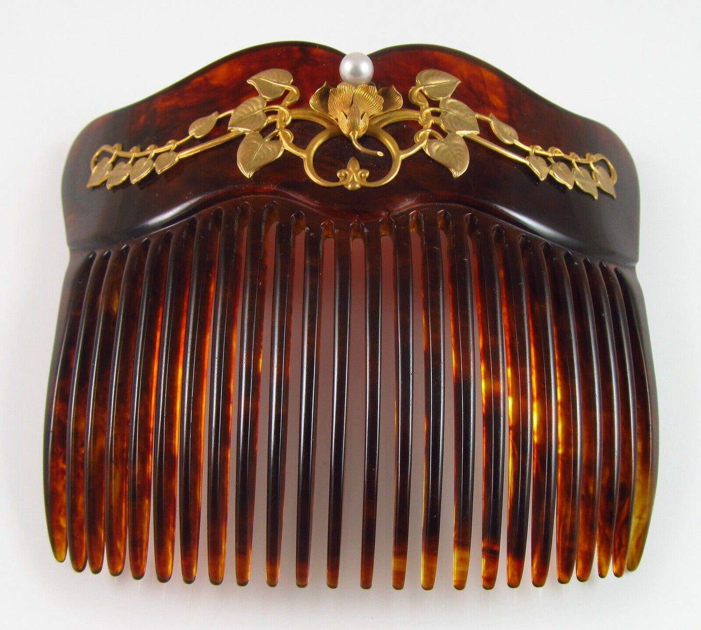Antique 10K Gold Art Nouveau Faux Tortoise Shell Pearl Flower Motif Hair Comb