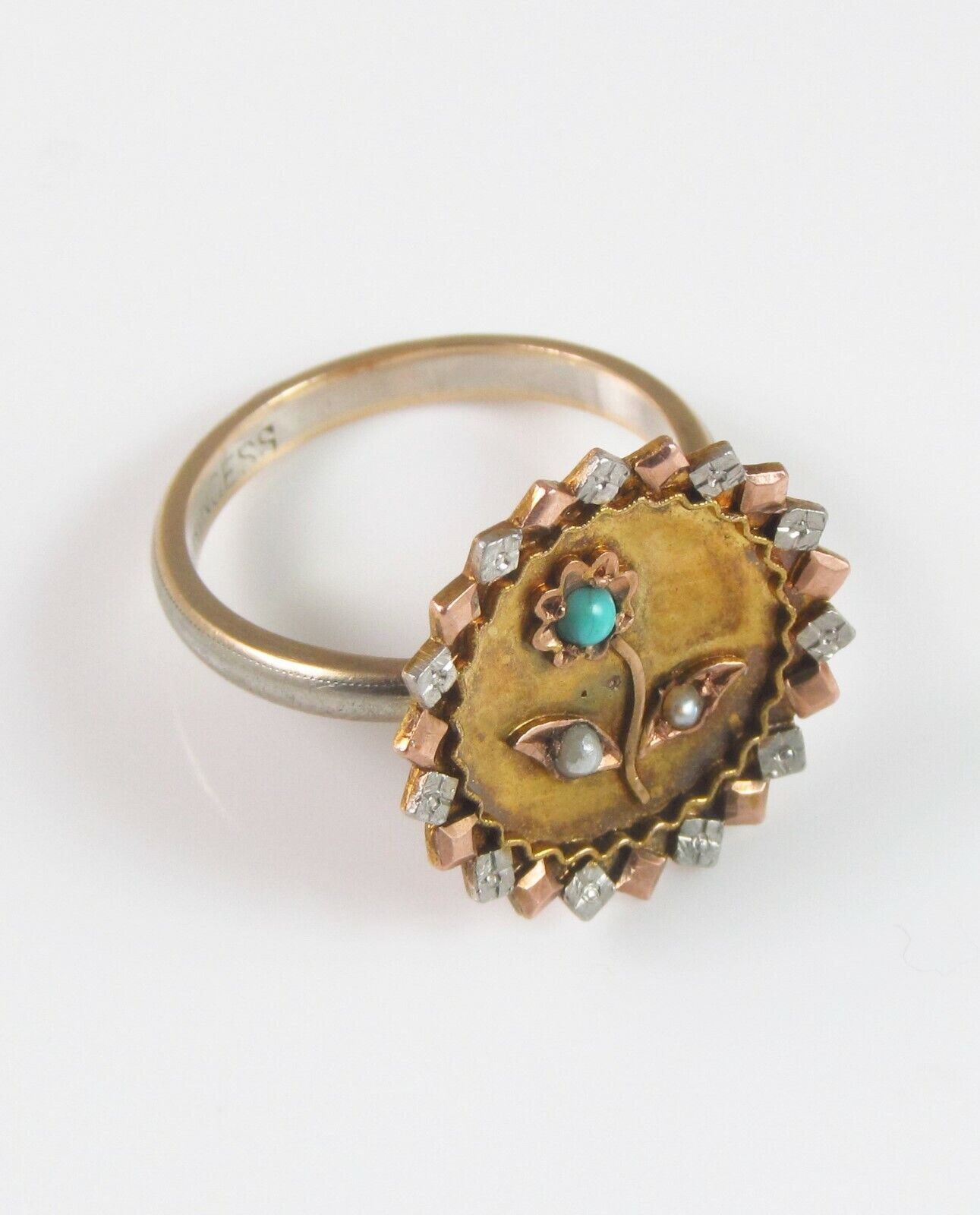 Antique 10K Gold Victorian Turquoise & Pearl Flower Conversion Ring Size 5.75