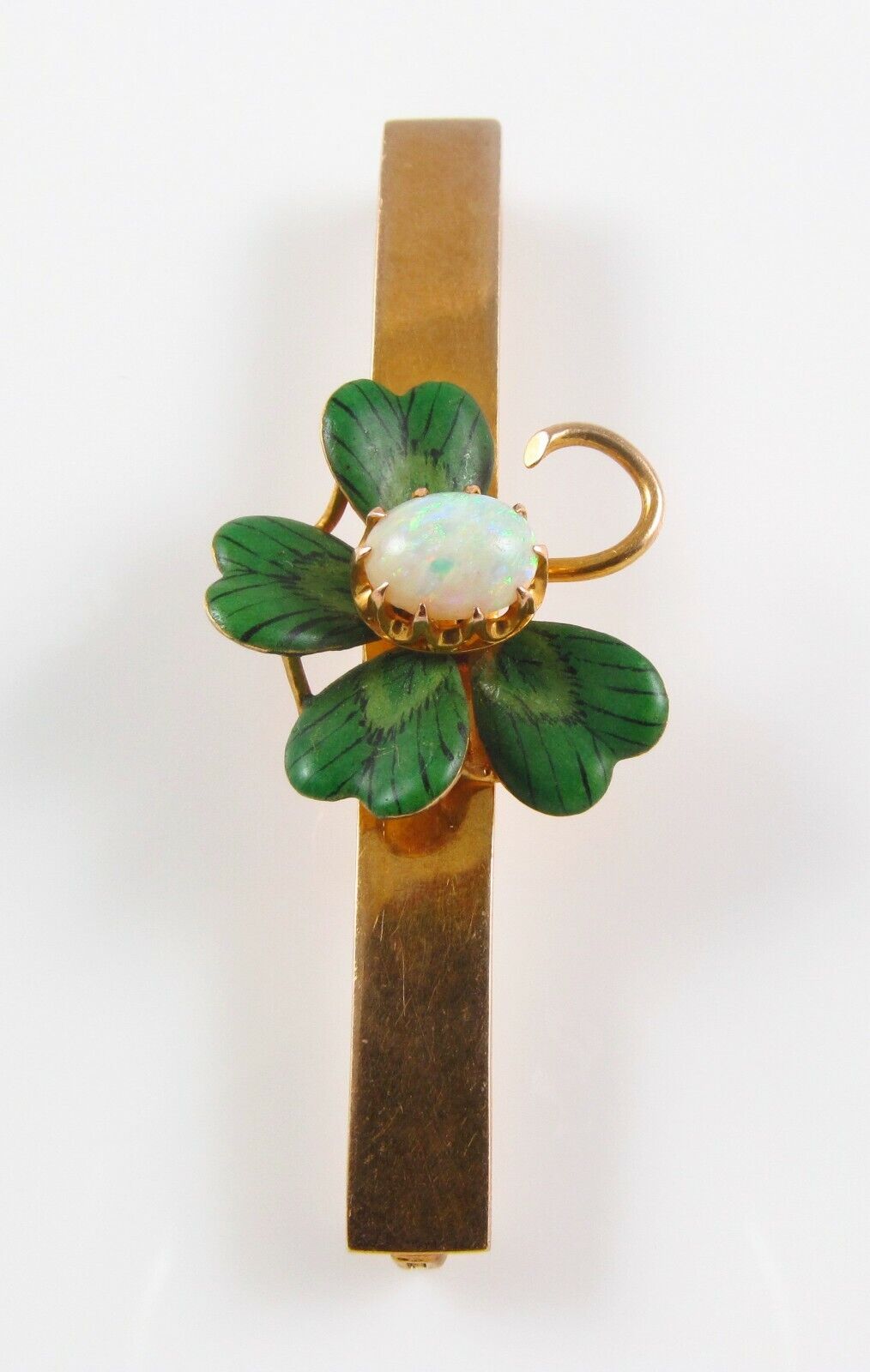 Antique 10k Gold Art Nouveau Edwardian Enamel & Opal Four Leaf Clover Brooch Pin