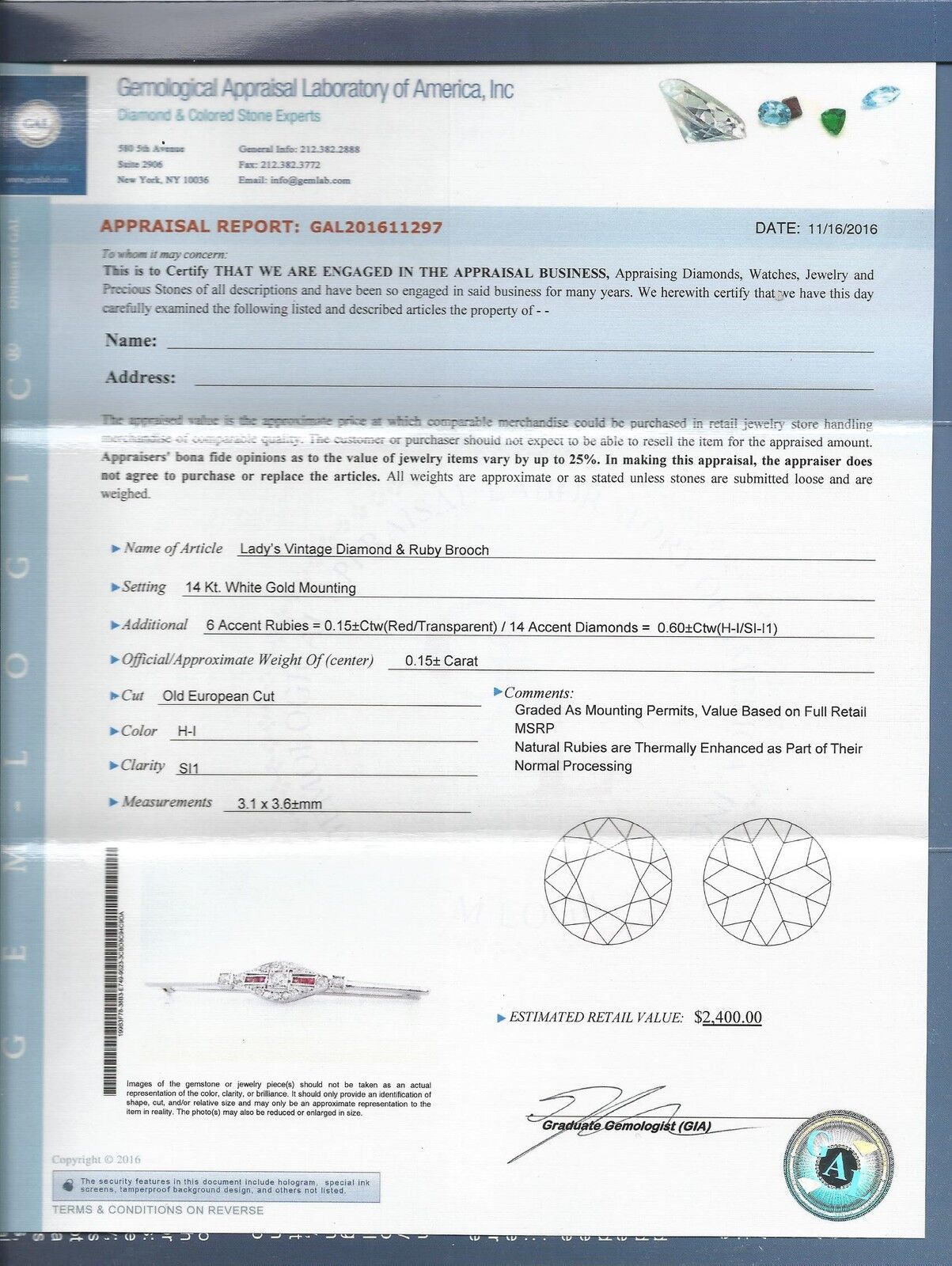 Antique 14k Gold Art Deco Diamond and Ruby Bar Brooch Pin GAL Apprasial