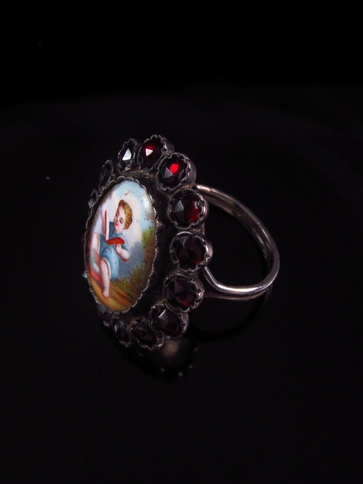 Antique Victorian Silver Bohemian Garnet & Porcelain Child Portrait Ring Size 6