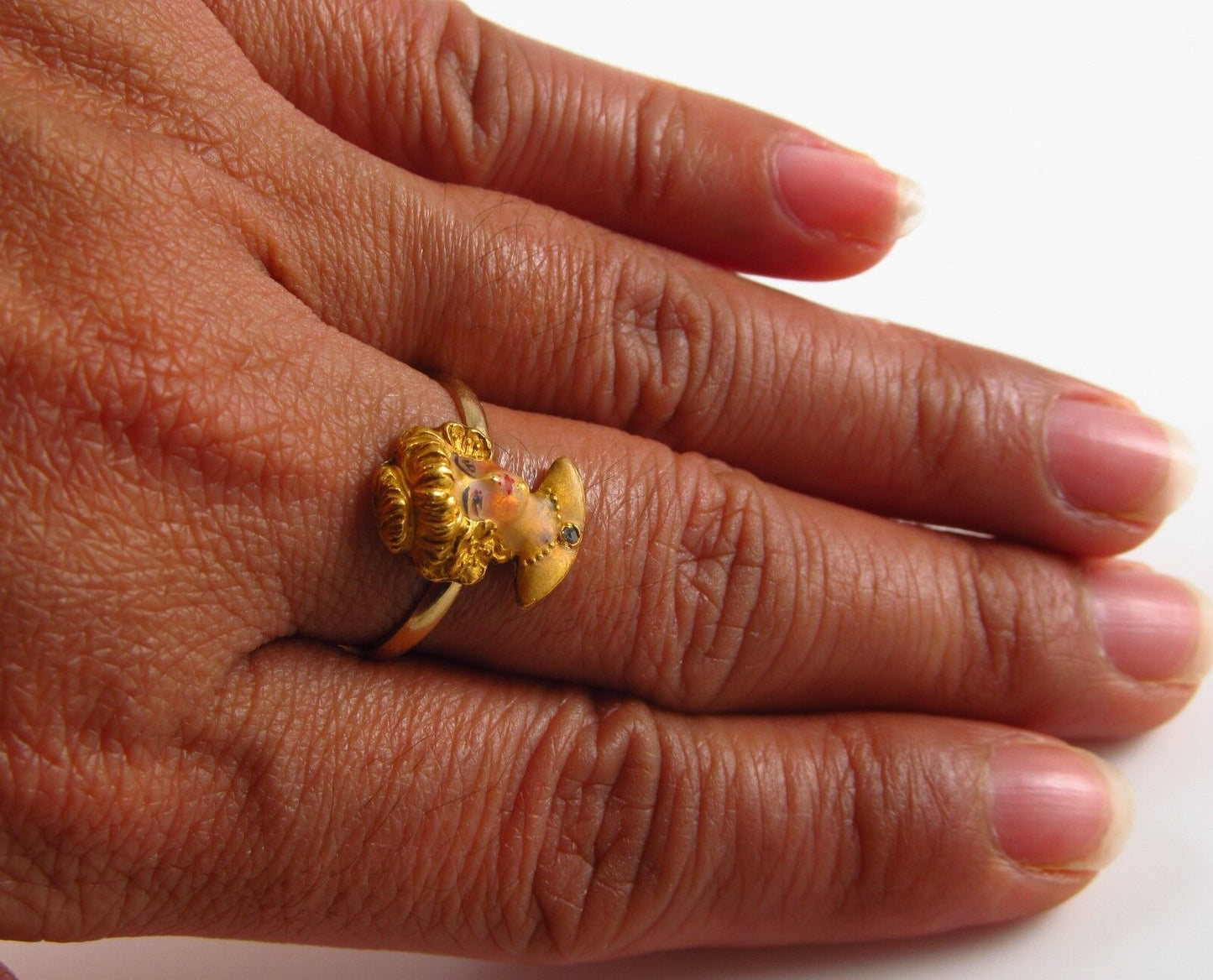 Antique 14k Gold Art Nouveau Enamel & Diamond Maiden Lady Ring Size 7.5