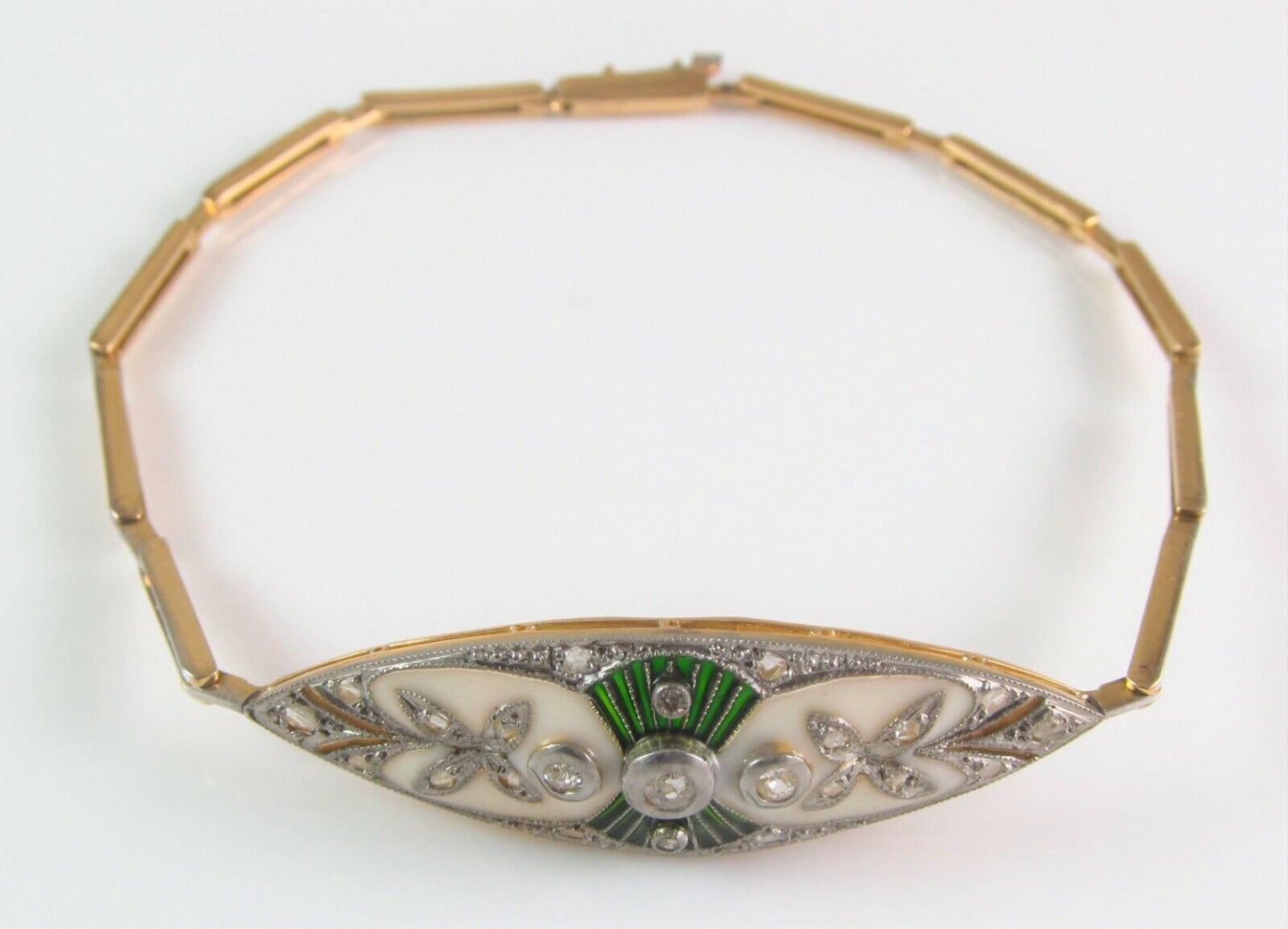 Antique 18K Gold & Platinum Edwardian Diamond & Plique A Jour Enamel Bracelet