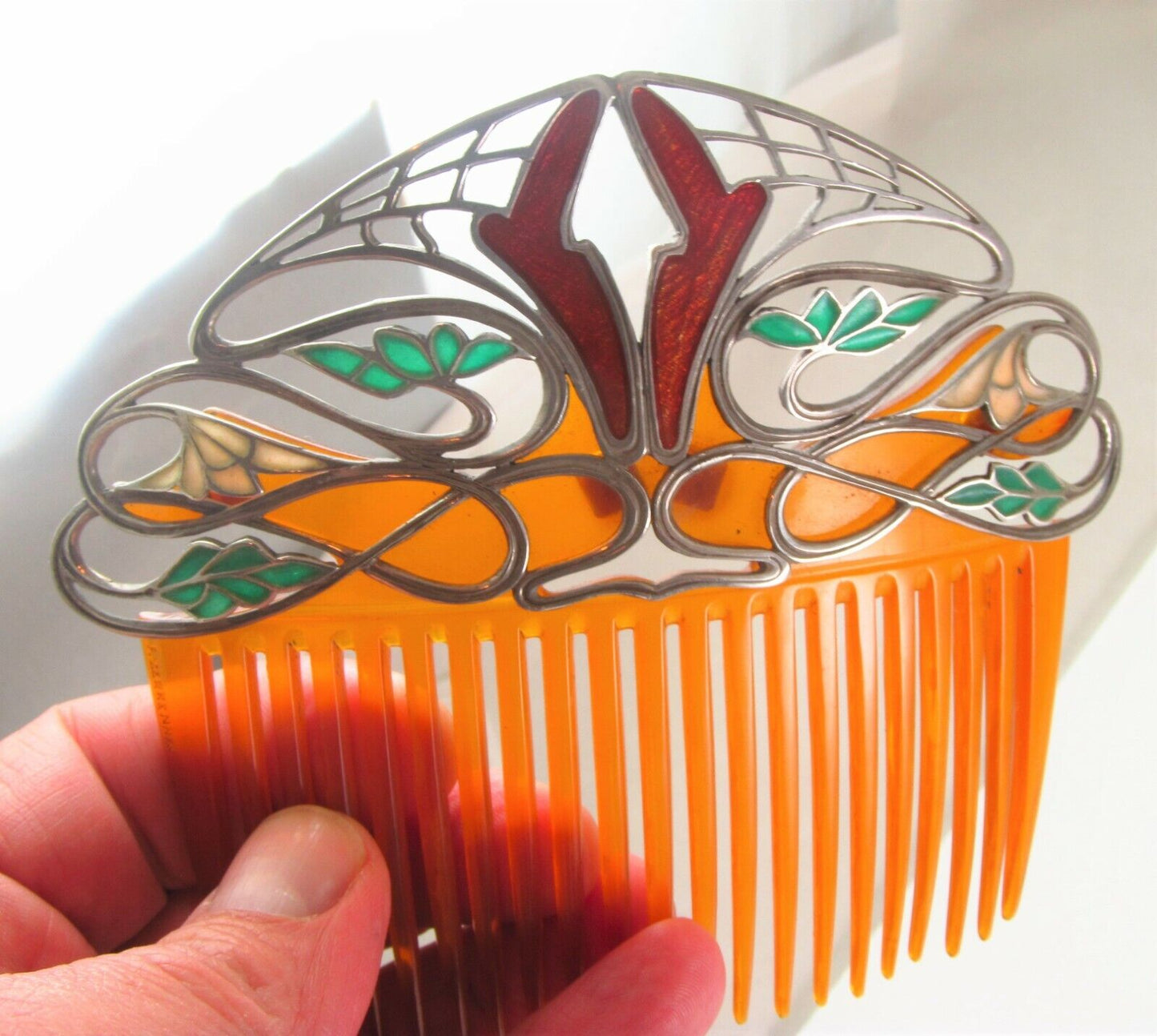 Rare Antique F. Zerrenner Art Nouveau Silver Plique A Jour Enamel Hair Comb