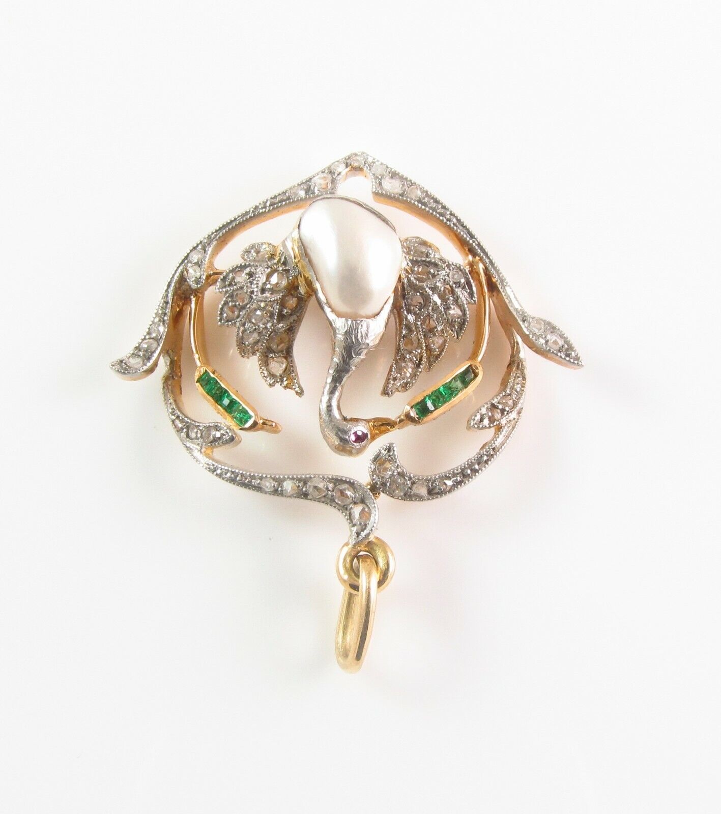 Antique Edwardian 18k Gold Platinum Topped Diamond Emerald & Pearl Swan Pendant