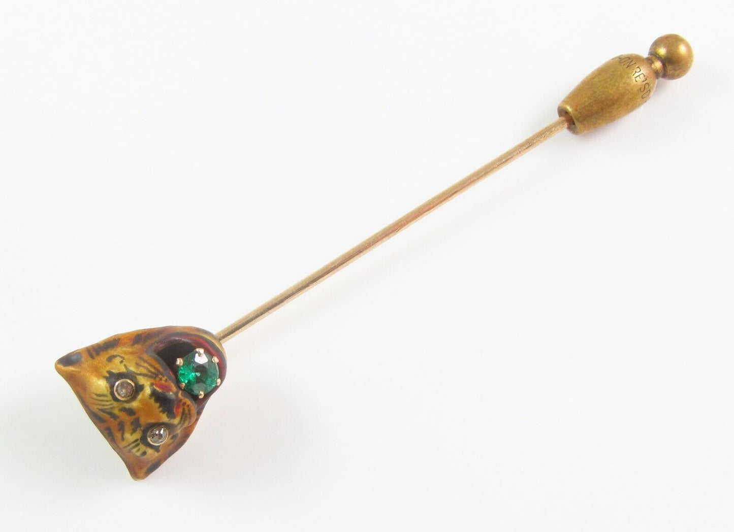Antique 14k Gold Art Nouveau Enamel & Diamond Eyed Tiger Cat Stick Pin