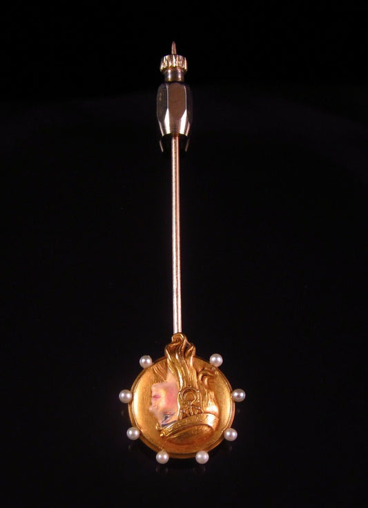 Antique Art Nouveau 14K Yellow Gold Pearl Enamel Byzantine Lady Stick Pin