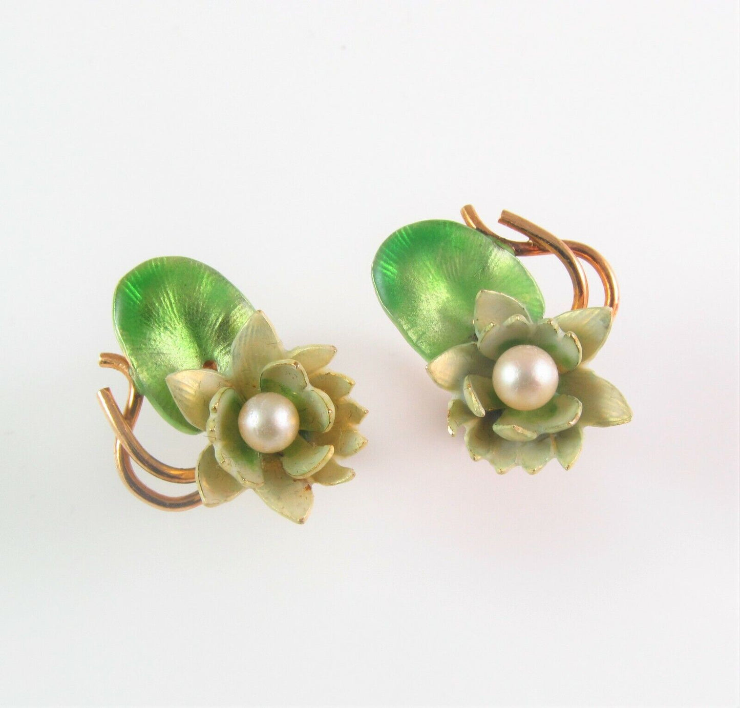 Antique 14k Gold Krementz & Co Enamel Art Nouveau Pearl Lotus Lily Pad Earrings
