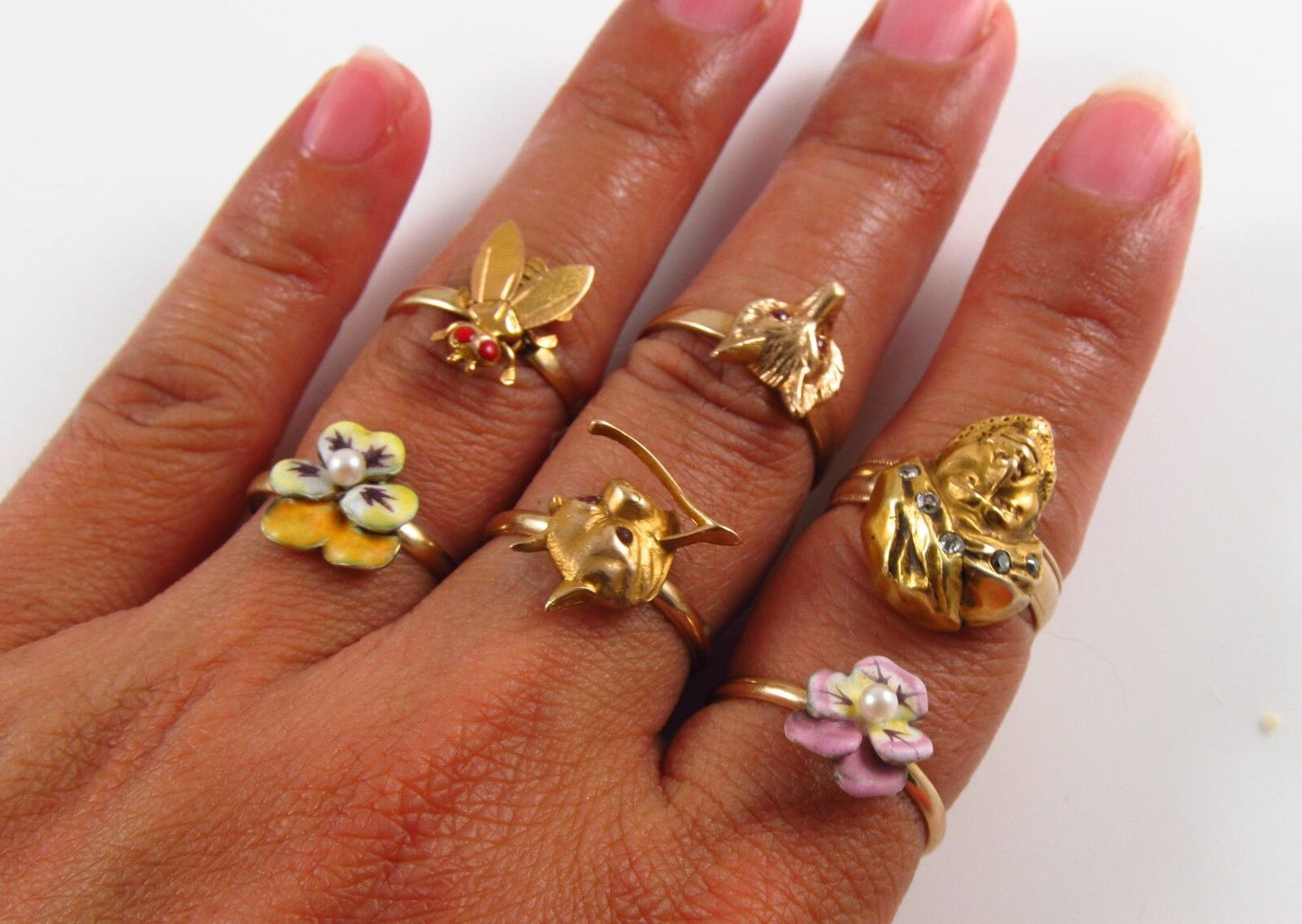 Petite 14k Gold Victorian Art Nouveau Lady Diamond Conversion Ring Size 6