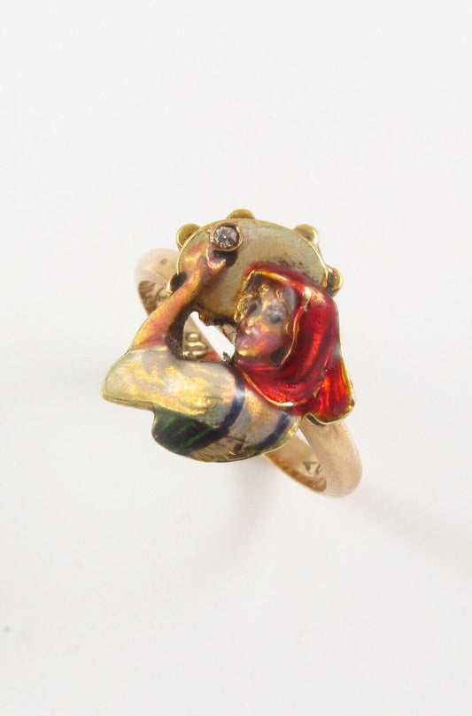 Antique 14k Gold Art Nouveau Enamel & Diamond Bavarian Bar Maid Ring Size 5.25