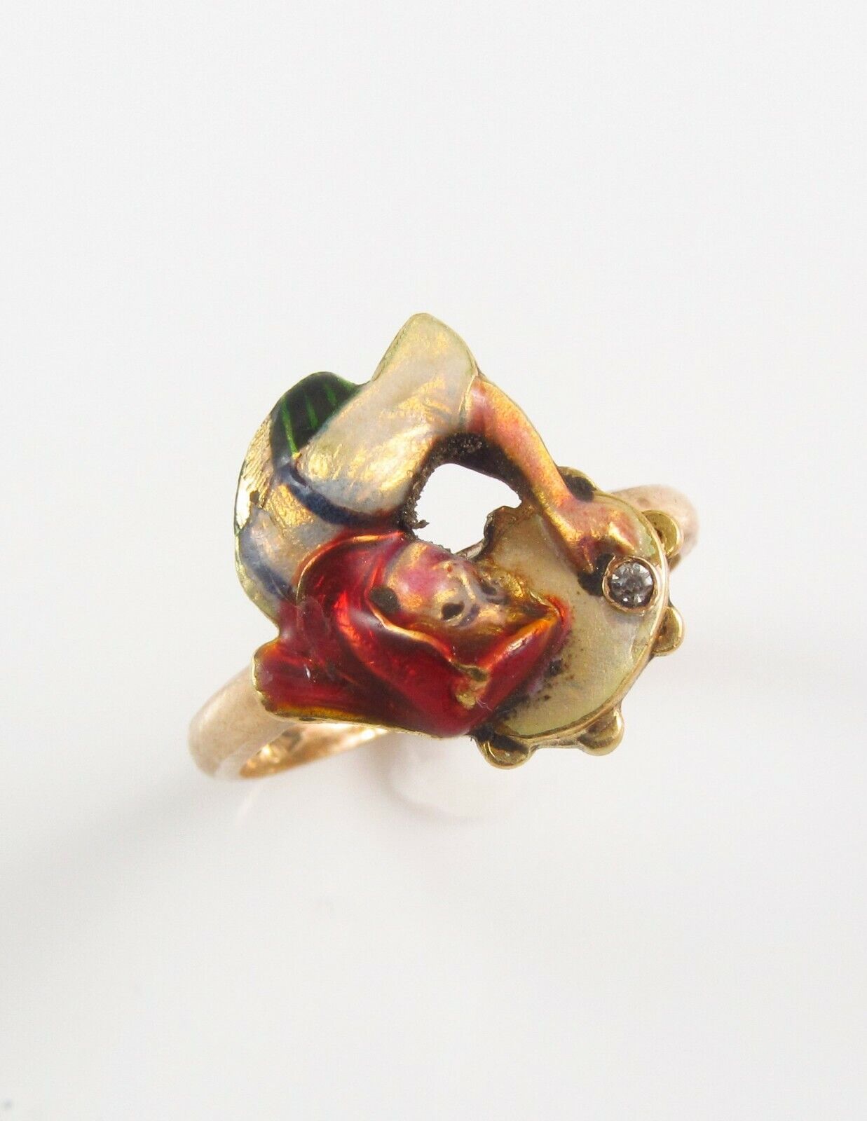 Antique 14k Gold Art Nouveau Enamel & Diamond Bavarian Bar Maid Ring Size 5.25