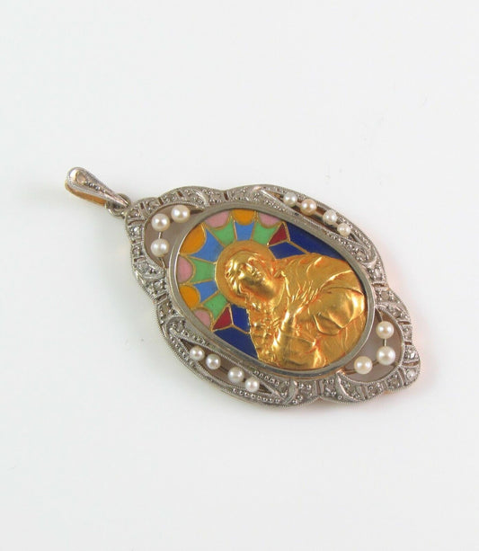 Antique 18K Gold & Platinum Enamel Diamond & Pearl Religious Virgin Mary Pendant