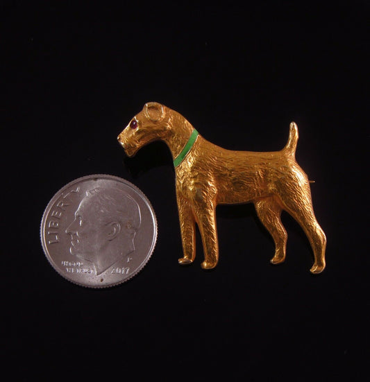Vintage 14K Gold Enamel Sloan & Co. Irish Terrier Dog Brooch Pin With Ruby Eye