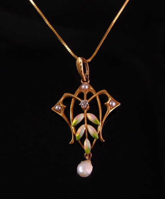 Art Nouveau 14k Gold Enamel Diamond Pearl Pendant Necklace By Krementz & Company