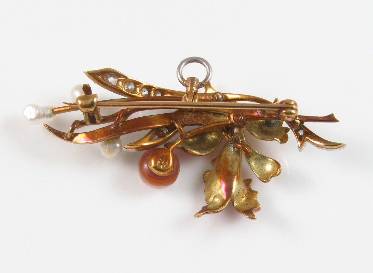 Art Nouveau 18k Gold Platinum Diamond Pearl Enamel Orchid Flower Brooch Pendant
