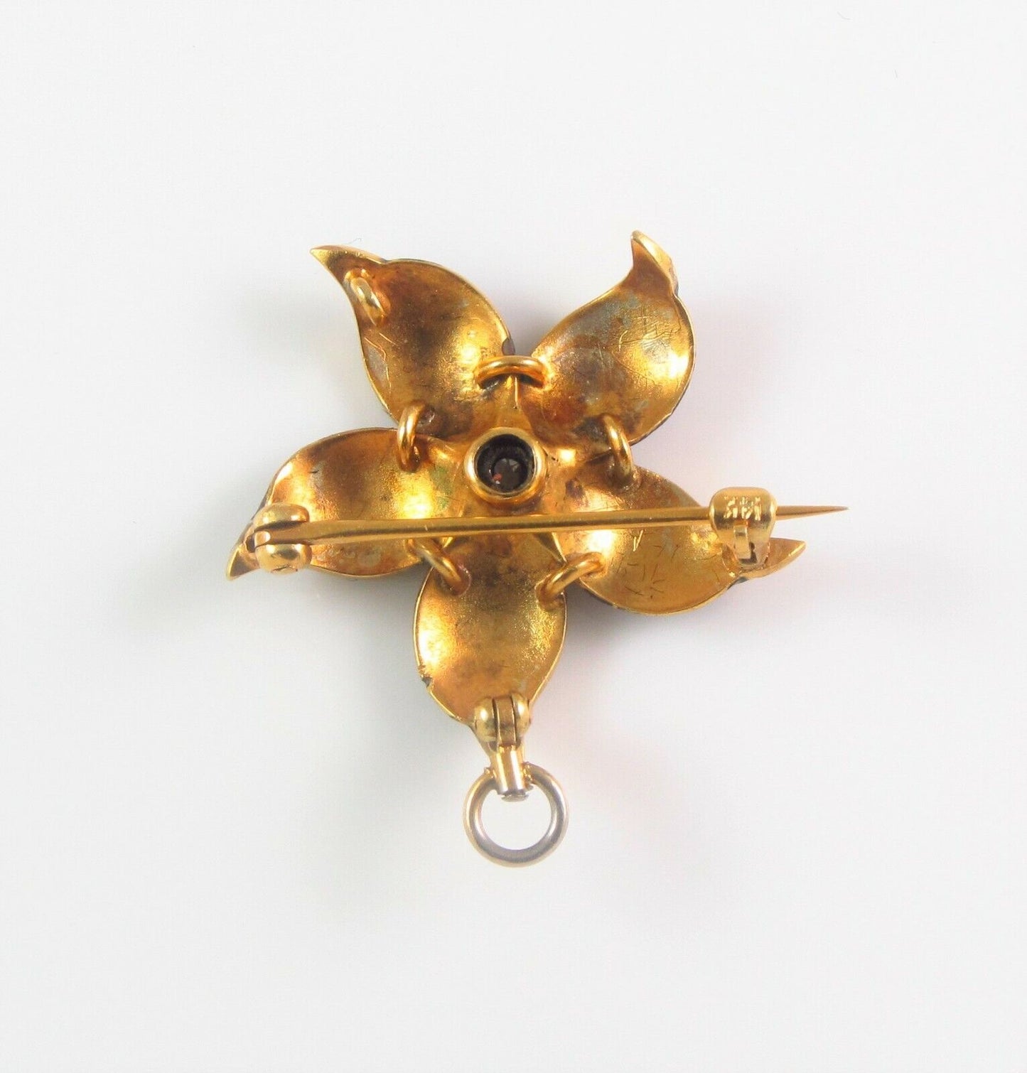 Antique 14K Gold Art Nouveau Enamel Diamond Pearl Violet Flower Brooch Pendant