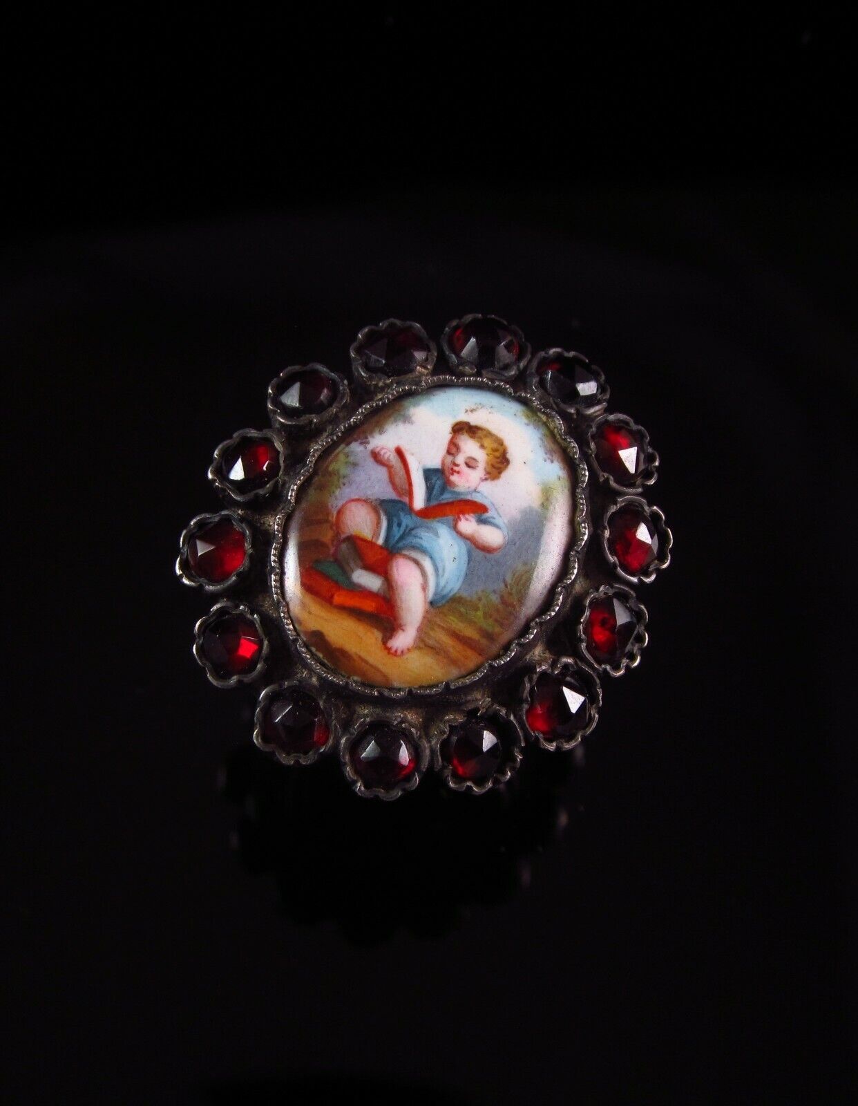Antique Victorian Silver Bohemian Garnet & Porcelain Child Portrait Ring Size 6