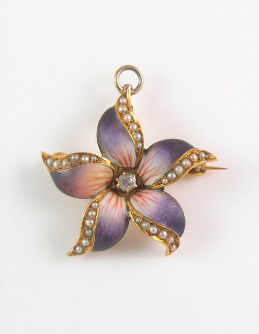 Antique 14K Gold Art Nouveau Enamel Diamond Pearl Violet Flower Brooch Pendant