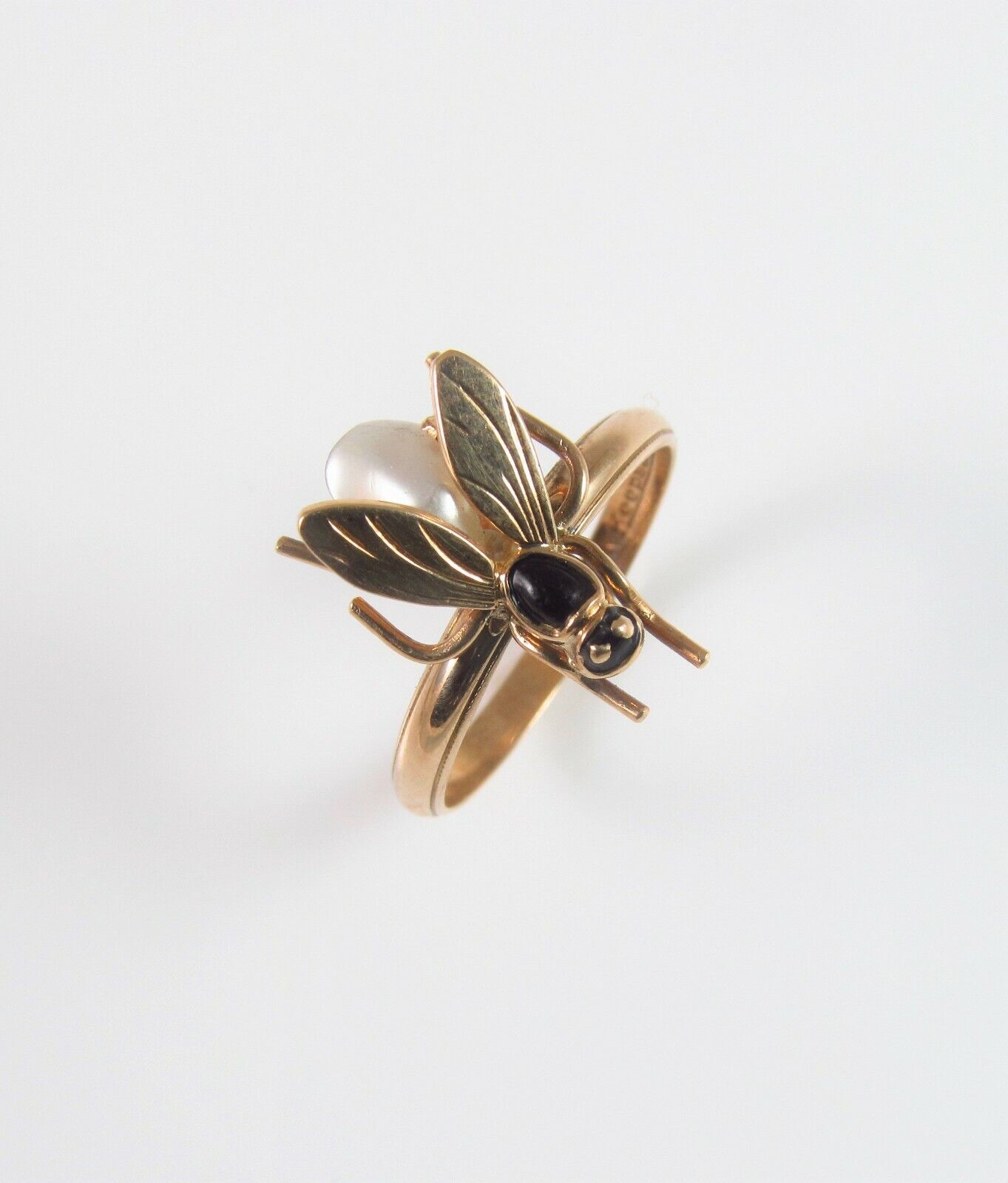 Vintage 14k Gold Enamel Pearl Body Insect Wasp Bee Fly Conversion Ring Size 6.5