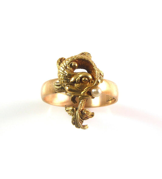 Antique 18k Gold Art Nouveau Mythological Fish Pearl Conversion Ring Size 6.5