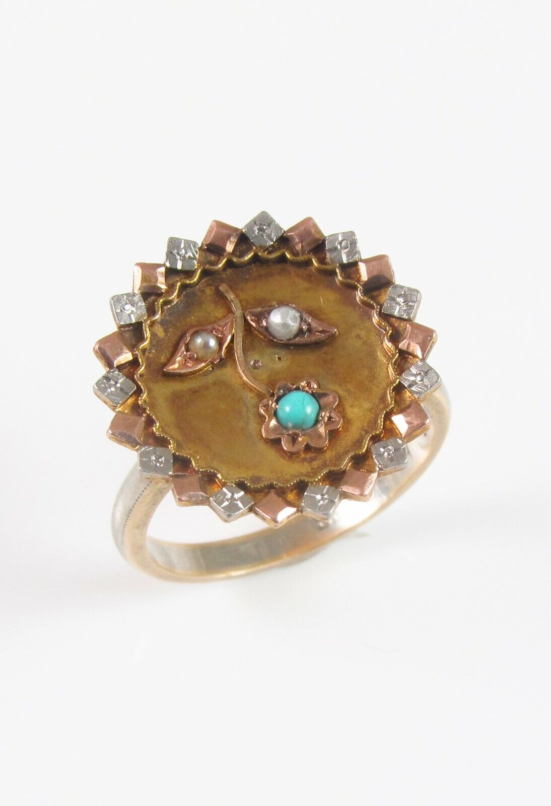 Antique 10K Gold Victorian Turquoise & Pearl Flower Conversion Ring Size 5.75