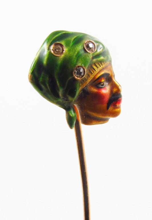 Antique 14k Gold Art Nouveau Polychrome Enamel & Diamond Pirate Stick Pin