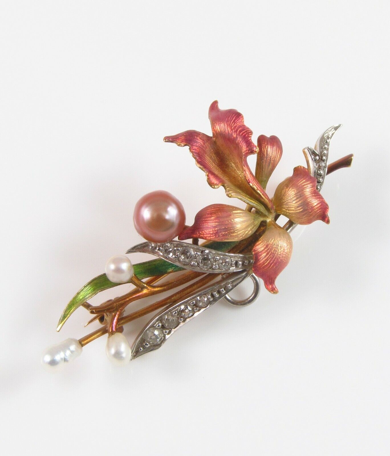 Art Nouveau 18k Gold Platinum Diamond Pearl Enamel Orchid Flower Brooch Pendant