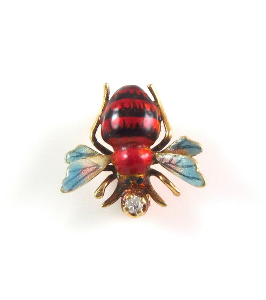 Vintage Estate14k Gold Polychrome Enamel & Diamond Bug Insect Bee Brooch Pin