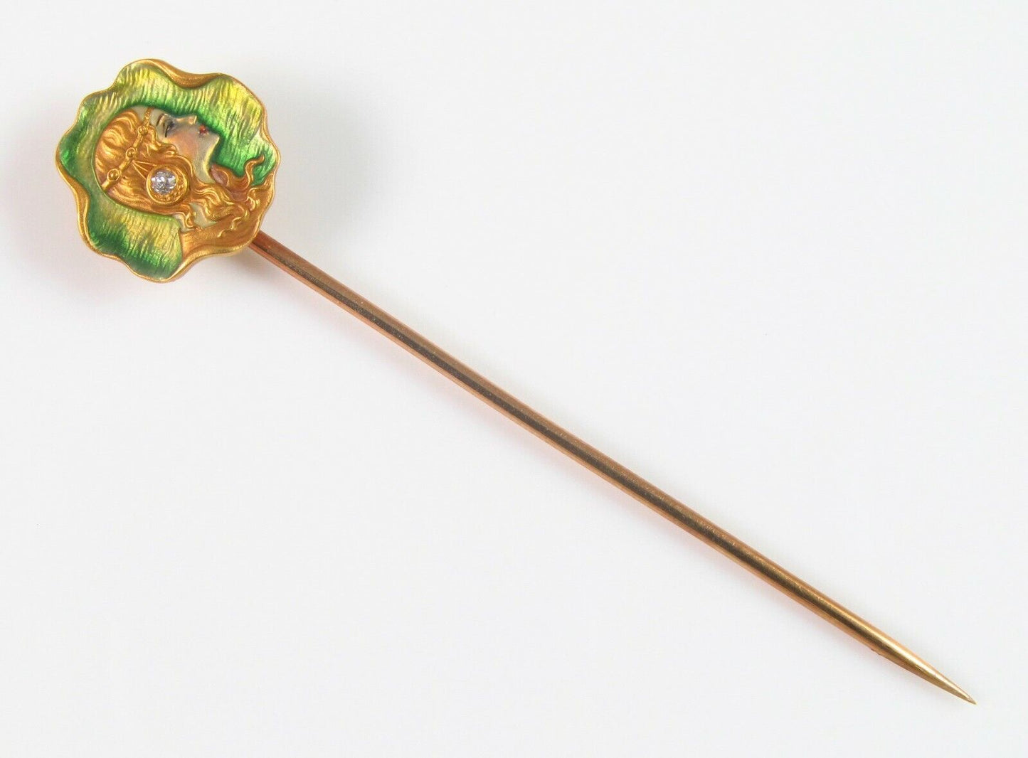 Antique 18k Gold Whiteside & Blank Enamel & Diamond Art Nouveau Lady Stick Pin