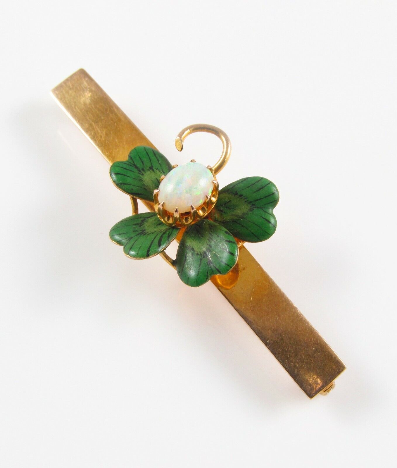 Antique 10k Gold Art Nouveau Edwardian Enamel & Opal Four Leaf Clover Brooch Pin