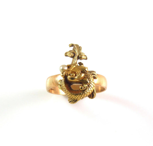 Antique 18k Gold Art Nouveau Mythological Fish Pearl Conversion Ring Size 6.5