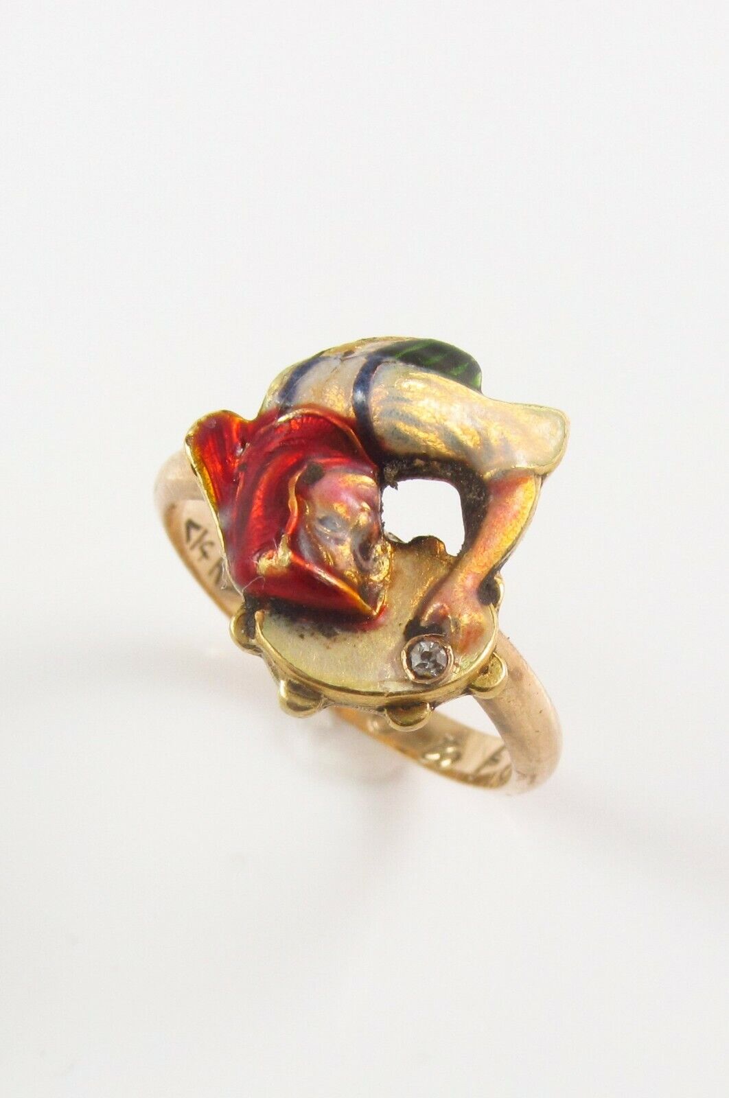 Antique 14k Gold Art Nouveau Enamel & Diamond Bavarian Bar Maid Ring Size 5.25
