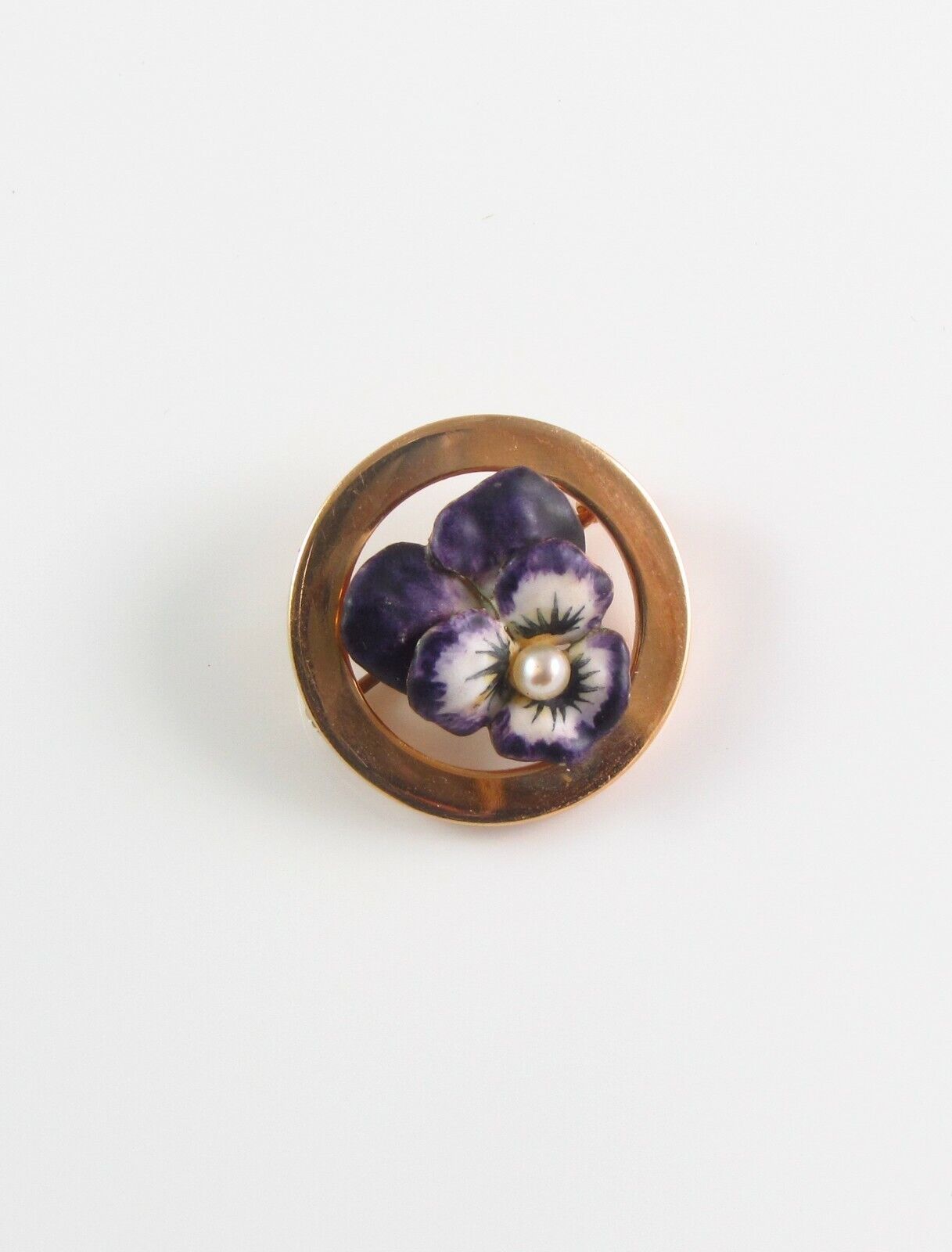 Petite 14k Gold Art Nouveau Krementz Enamel Pansy Pearl Circular Brooch Pin