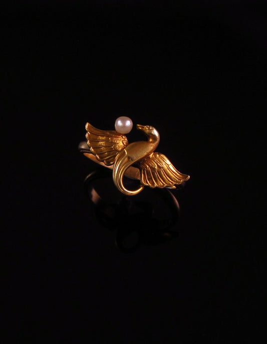 Antique 14k Gold Art Nouveau Winged Serpent Dragon Pearl Conversion Ring Size 6