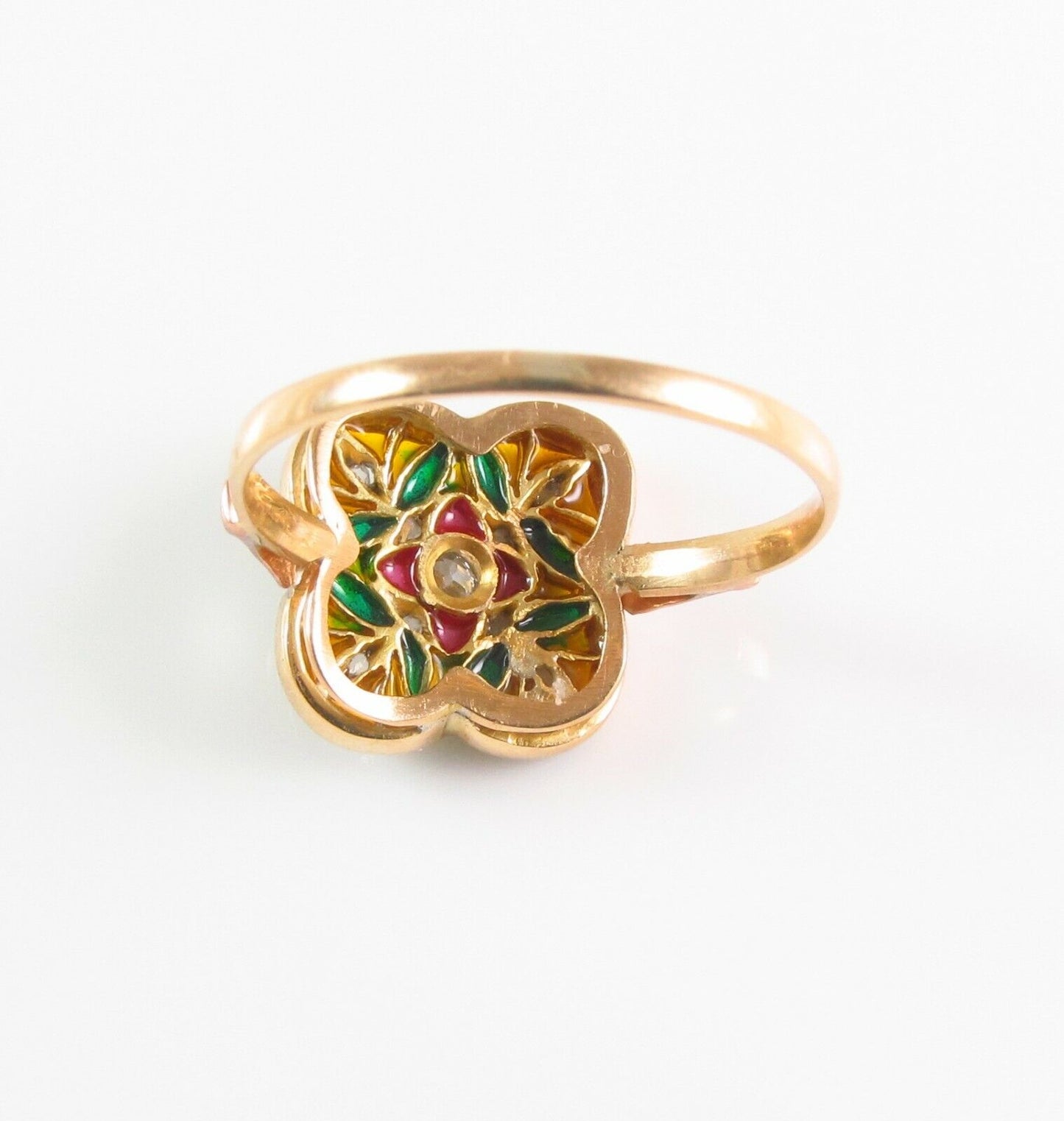Antique 18k Gold & Platinum Topped Plique A Jour Enamel Diamond Ring Size 7