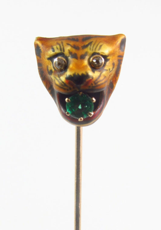 Antique 14k Gold Art Nouveau Enamel & Diamond Eyed Tiger Cat Stick Pin
