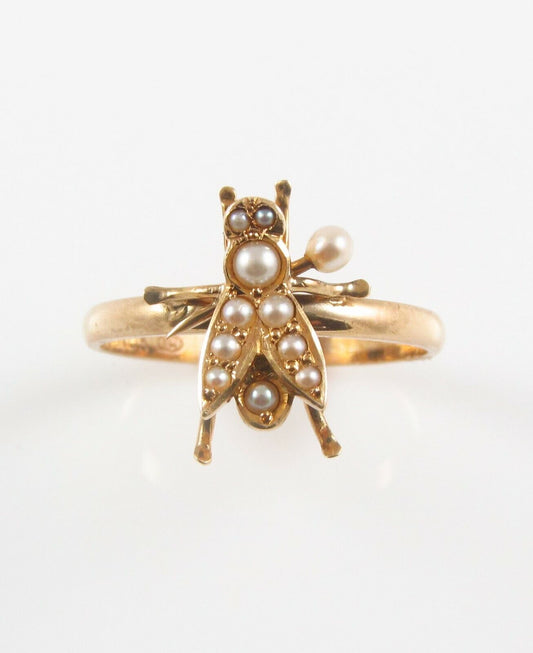 Antique 14K Gold Victorian Edwardian Pearl Fly Insect Conversion Ring Size 8