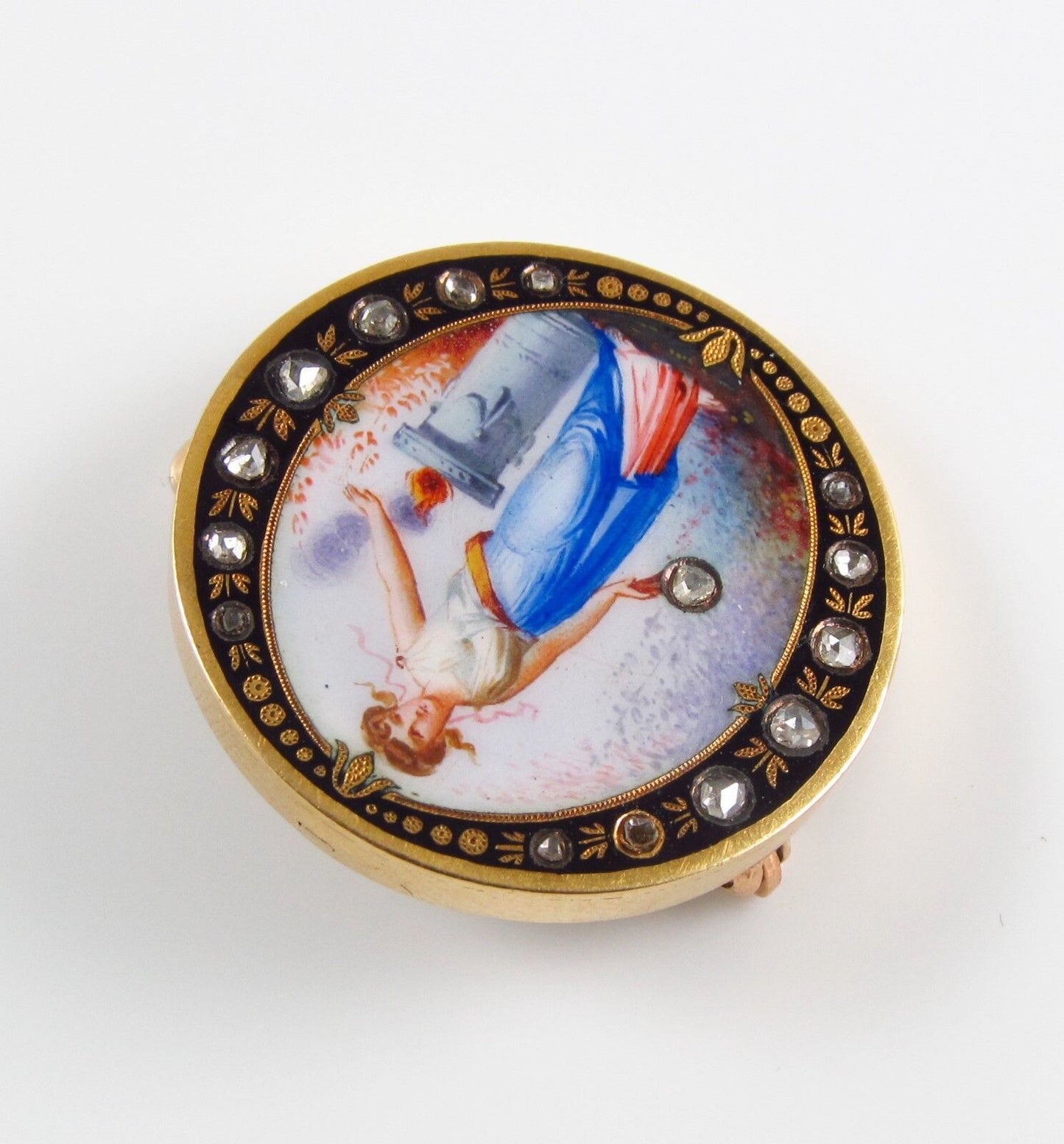 14K Gold Victorian Swiss Enamel Lady Portrait Rose Cut Diamond Set Brooch Pin