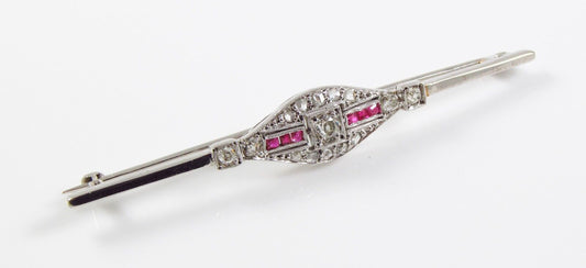Antique 14k Gold Art Deco Diamond and Ruby Bar Brooch Pin GAL Apprasial