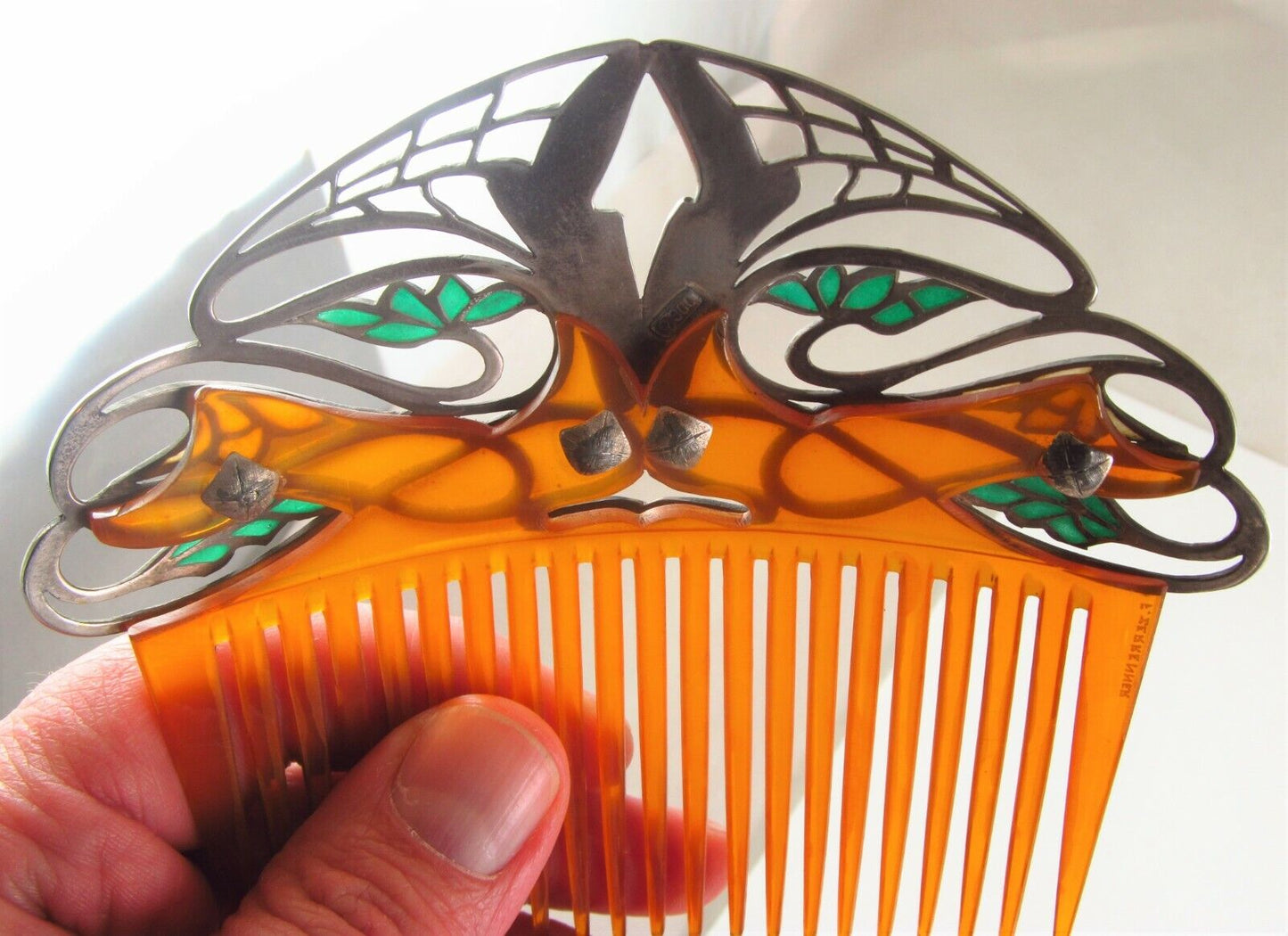 Rare Antique F. Zerrenner Art Nouveau Silver Plique A Jour Enamel Hair Comb