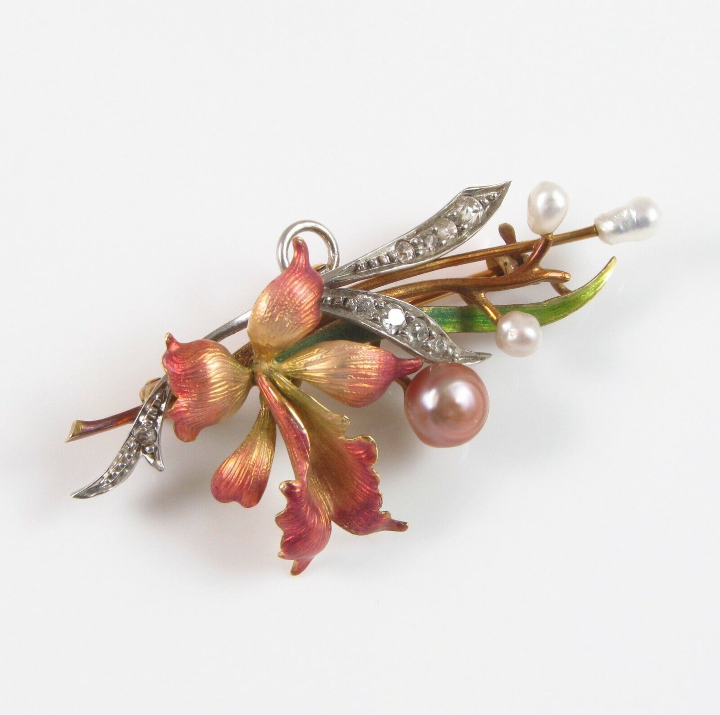 Art Nouveau 18k Gold Platinum Diamond Pearl Enamel Orchid Flower Brooch Pendant