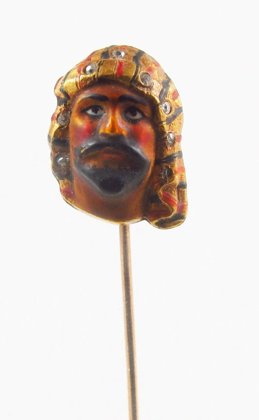 Antique 14K Gold Art Nouveau Polychrome Enamel & Diamond Arab Sheik Stick Pin