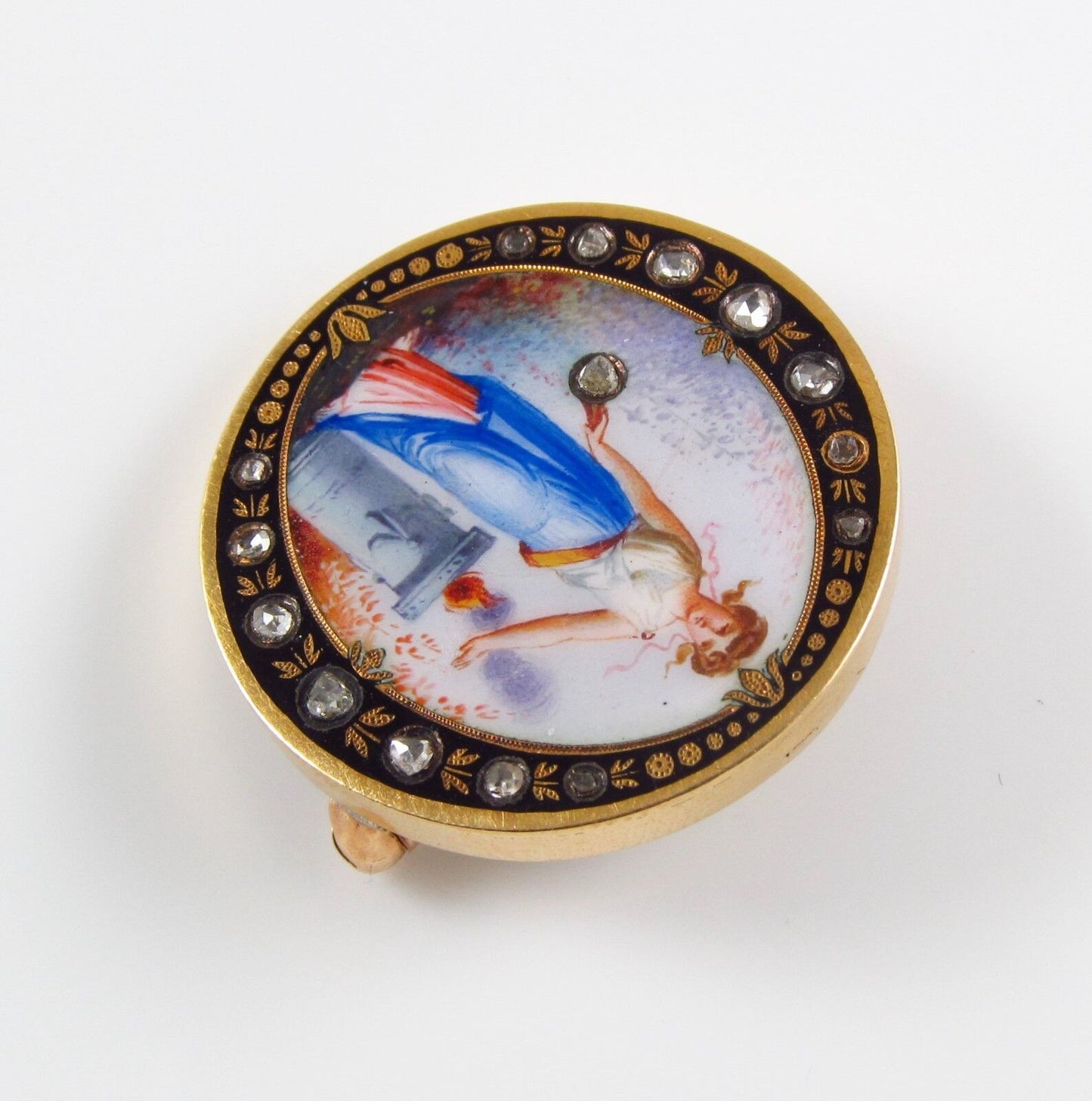 14K Gold Victorian Swiss Enamel Lady Portrait Rose Cut Diamond Set Brooch Pin