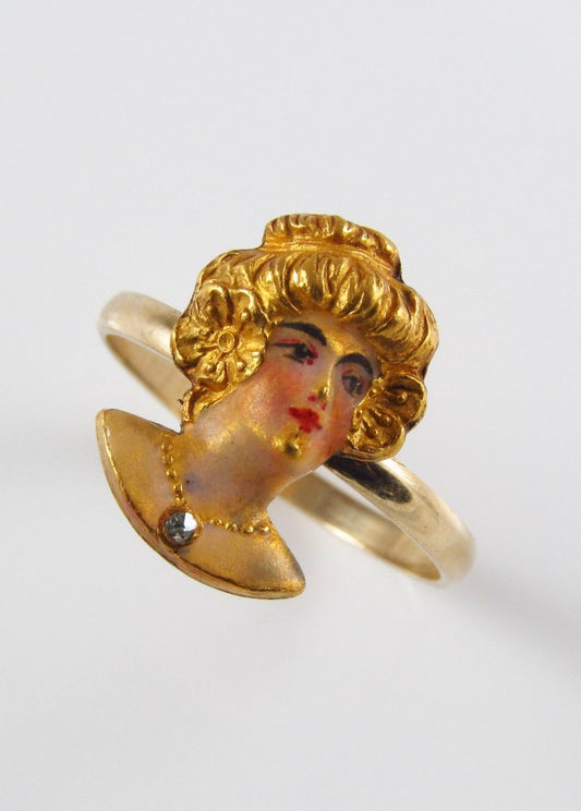 Antique 14k Gold Art Nouveau Enamel & Diamond Maiden Lady Ring Size 7.5