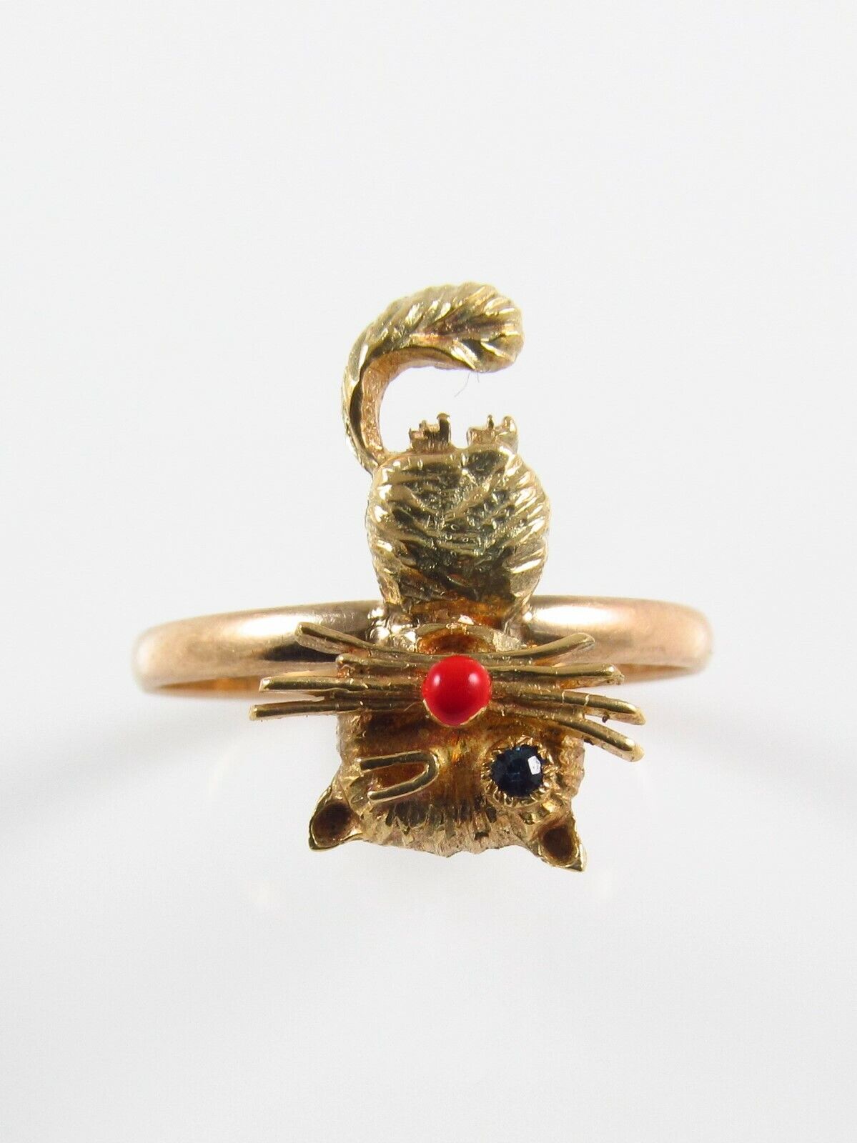 Vintage 14k Yellow Gold Sapphire Eyed & Winking Cat Conversion Ring Size 8.75
