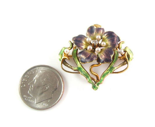 Antique 14k Gold Art Nouveau Enamel Diamond Pearl Poppy Flower Brooch Watch Pin