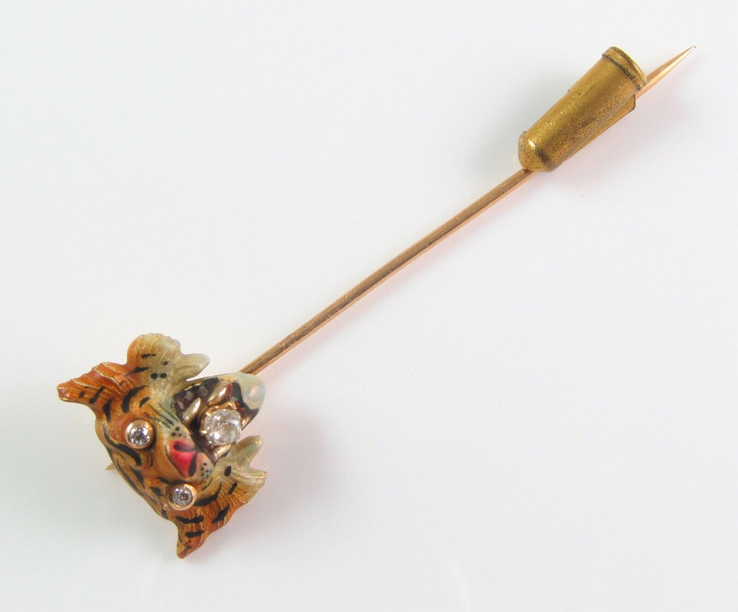 Antique 14k Gold Art Nouveau Diamond and Enamel Tiger Cat Stick Pin