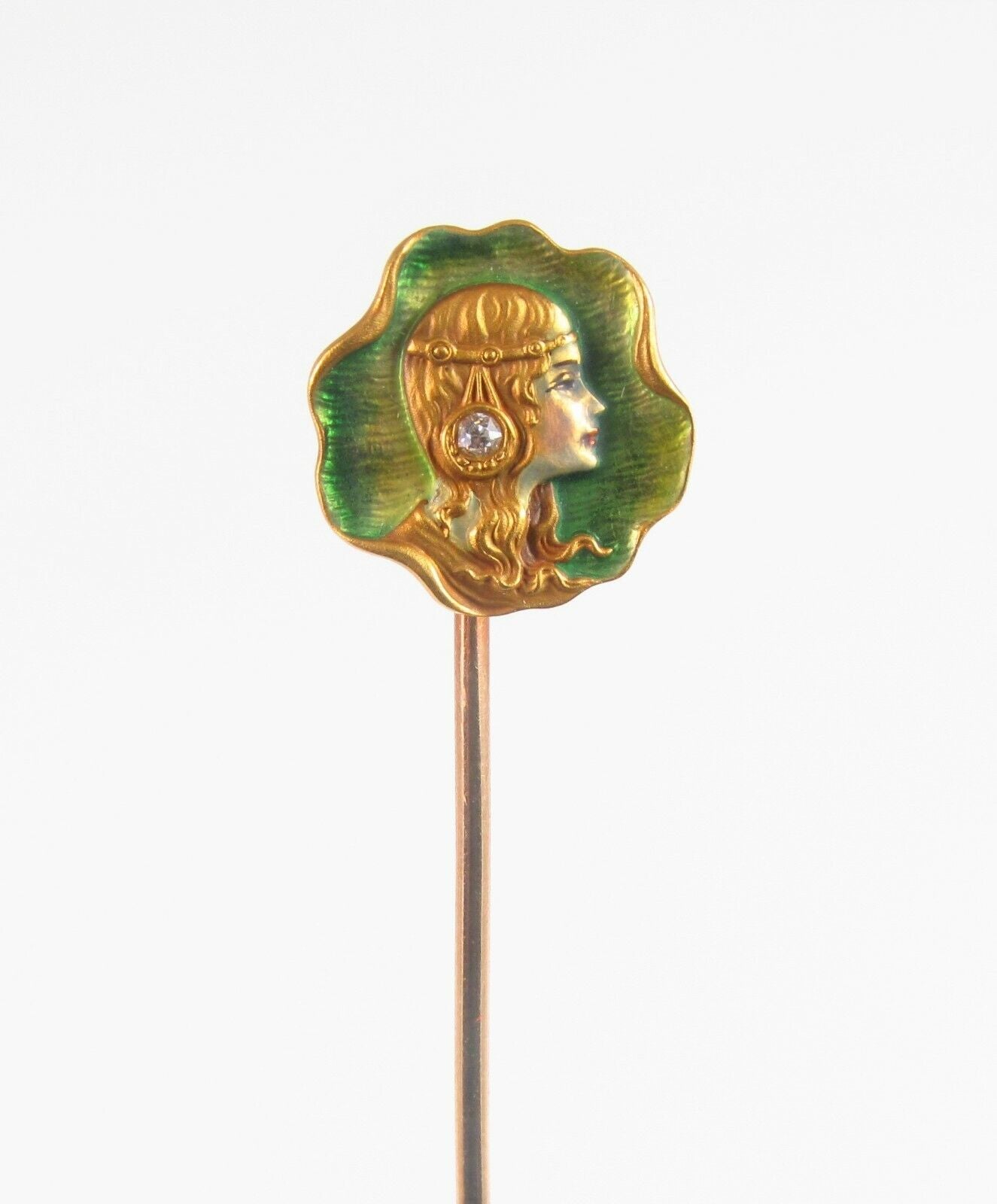 Antique 18k Gold Whiteside & Blank Enamel & Diamond Art Nouveau Lady Stick Pin
