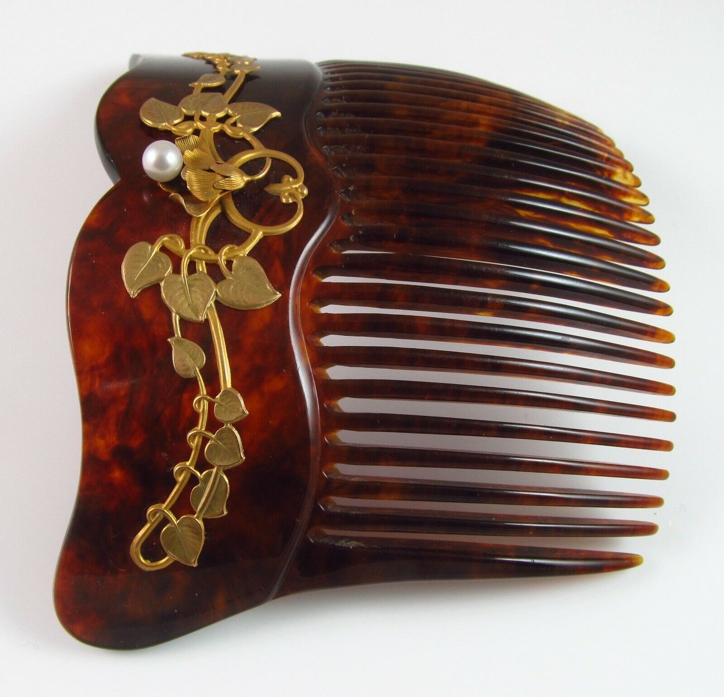 Antique 10K Gold Art Nouveau Faux Tortoise Shell Pearl Flower Motif Hair Comb